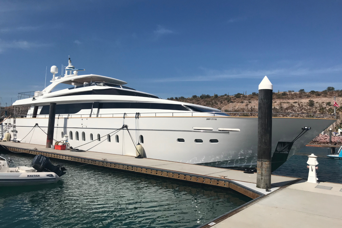 Luxury yacht anchored in turquoise waters of La Paz Sea of Cortez Baja California Sur Mexico