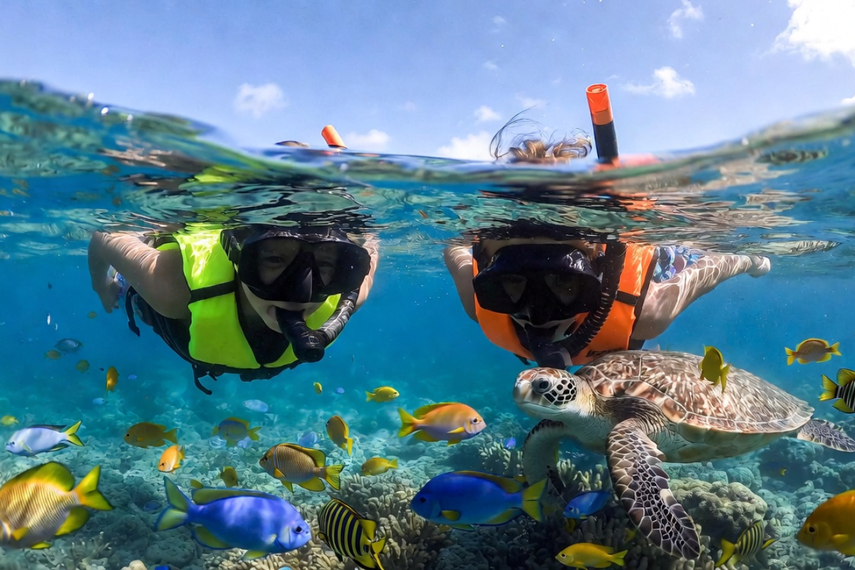 Snorkeling in crystal clear waters of Santa Maria Bay Cabo San Lucas colorful tropical fish