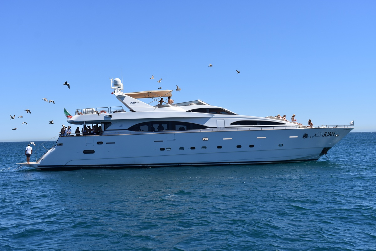 108ft Mangusta Black superyacht speeding through Sea of Cortez Cabo San Lucas Baja